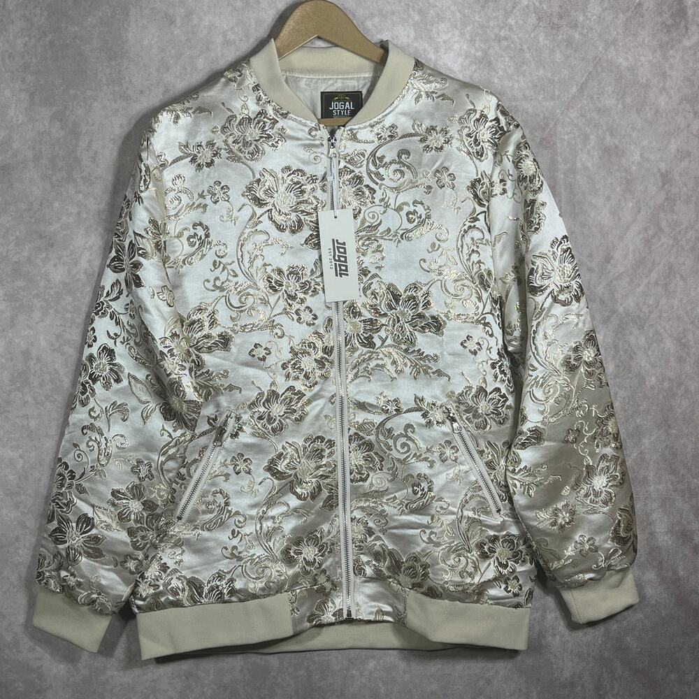 Jogal Style Bomber Jacket Womens Large‎ Beige Metallic Embroidered Floral NEW